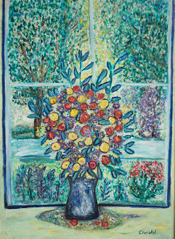 Bouquet au vase bleu à ma fenêtre